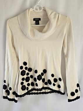 Cream Cowl Neck Sweater with Black Floral Appliqué